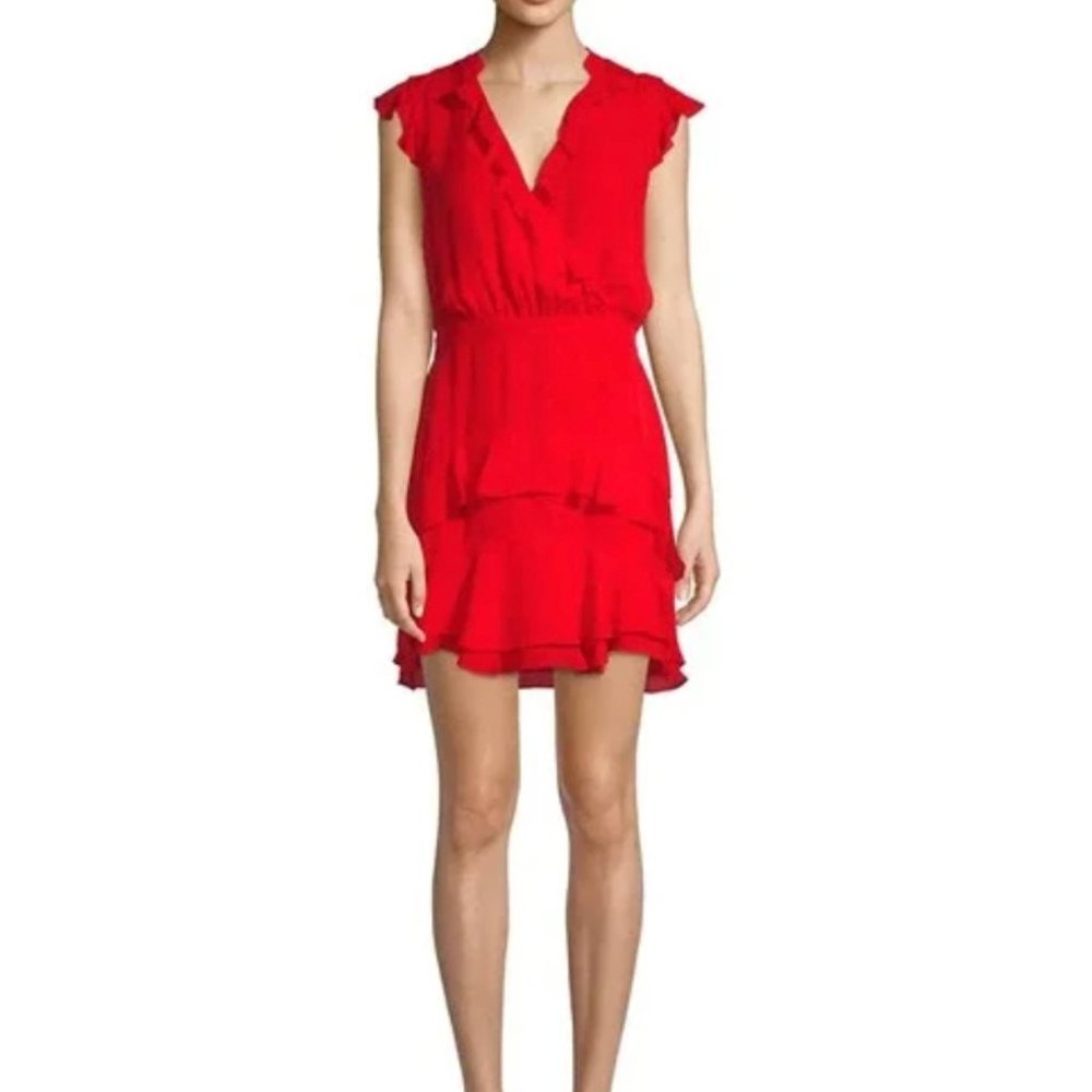 Parker Tangia Silk Ruffle Mini Dress Red Flare Cap Sleeve Ruffle Surplice Size 4